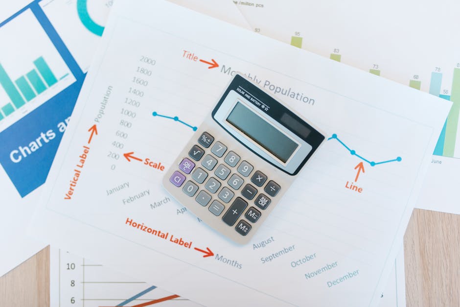Calculator placed on financial graphs and reports showcasing data analysis and business documentation.